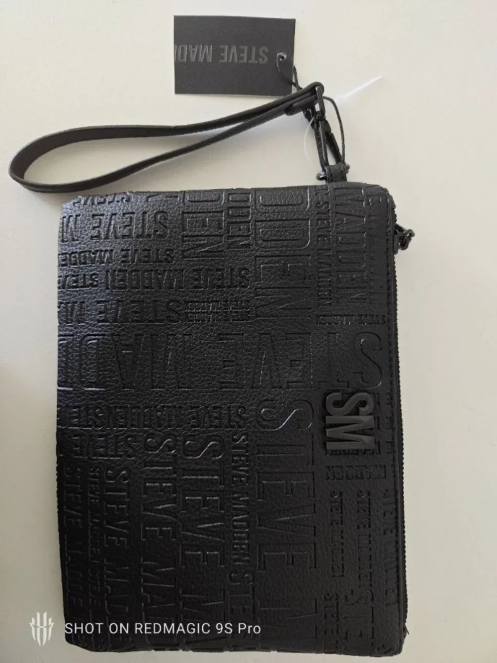 Steve Madden Black Embossed Logo Large Wristlet Clutch Bag - NWT